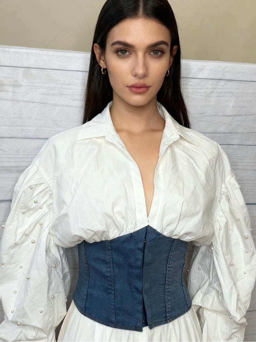 Gracia White Cropped Pearl-Embellished Puff Sleeve Top with Blue Waist Panel